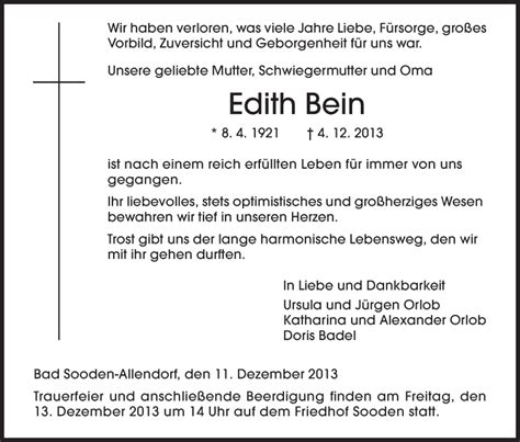 Traueranzeigen Von Edith Bein Trauer HNA De