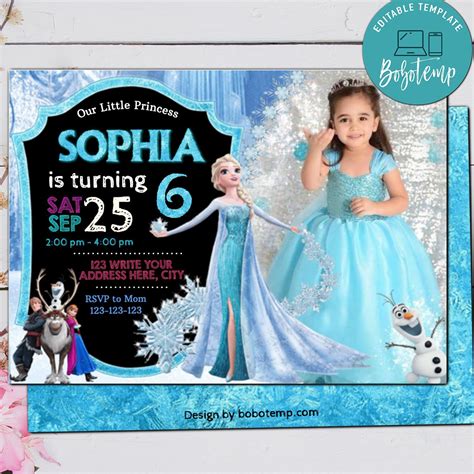 Editable Frozen Elsa With Photo Snowflake Ice Birthday Invite In 2020