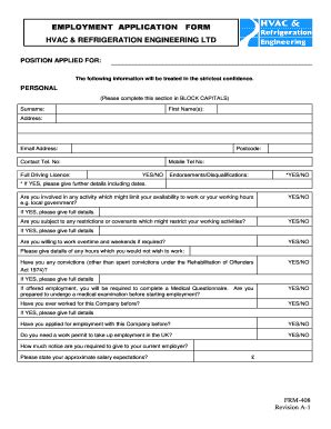 Fillable Online Employment Application Form HVAC Refrigeration