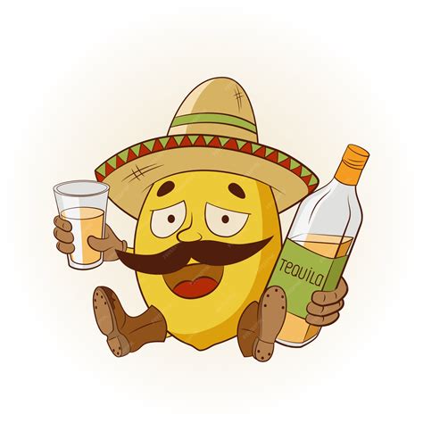 Dibujos Animados De Limón En Un Sombrero Y Botas Bebiendo Tequila