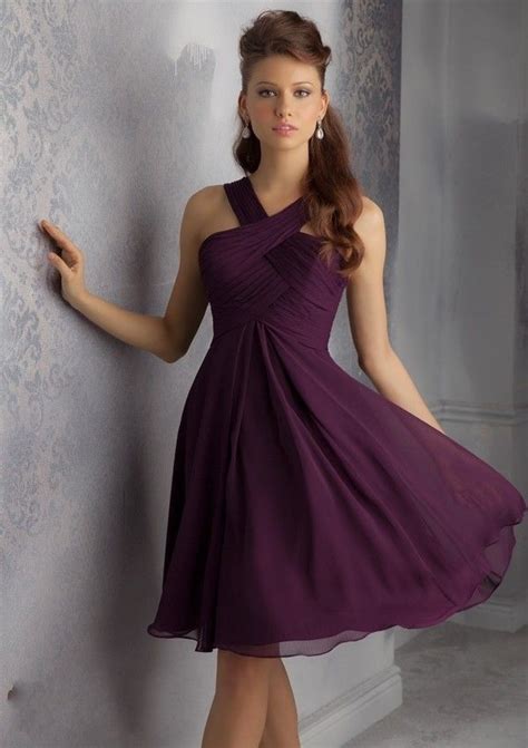 Halter Cris Cross Chiffon Dark Purple Knee Length Bridesmaid Dress Country Style