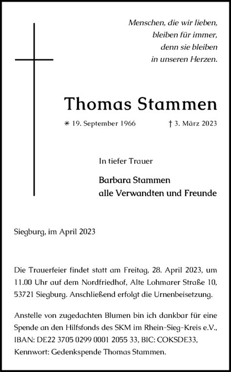 Traueranzeigen Von Thomas Stammen WirTrauern