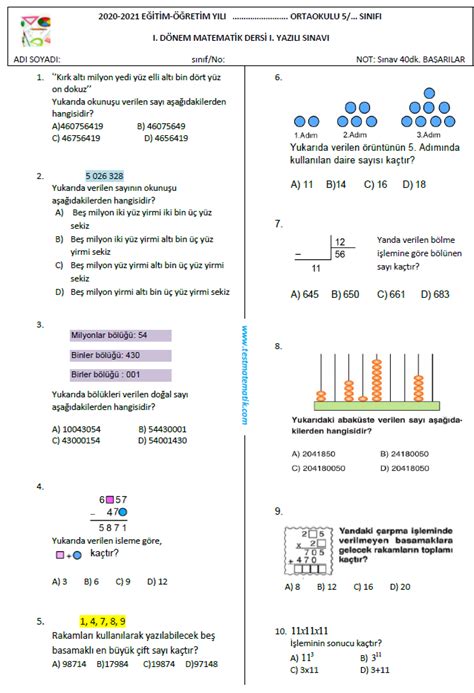 2020 2021 5 SINIF MATEMATİK 1 DÖNEM 1 YAZILI SINAVI Test Matematik