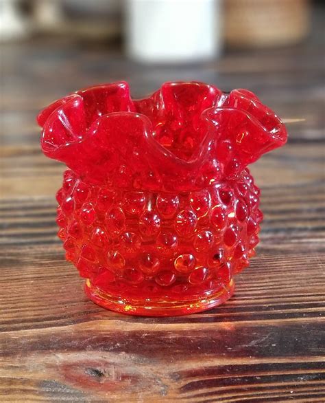 1970 Vintage Fenton Amberina Hobnail Ruffled Glass Rose Bowl Votive