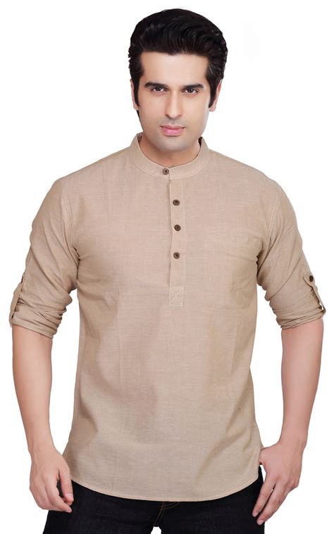 Shatranj Mens Kurta Tunic Banded Collar Solid Beige Shirt In Sattva