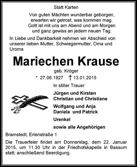 Traueranzeigen Von Mariechen Krause Trauer Kreiszeitung De