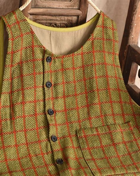 Johnature Women Vintage Plaid Vests Cotton Linen Coats Spring New