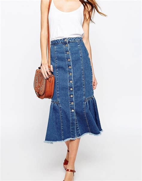 Lyst Asos Denim Midi Skirt With Ruffle Hem