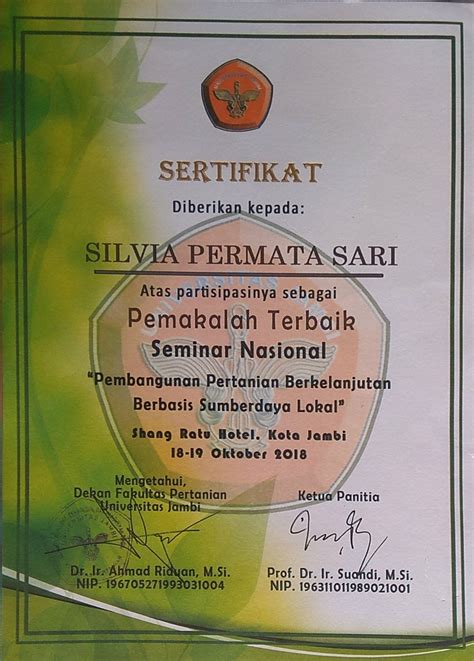 Sertifikat Sebagai Pemakalah Terbaik Di Seminar Nasional Universitas