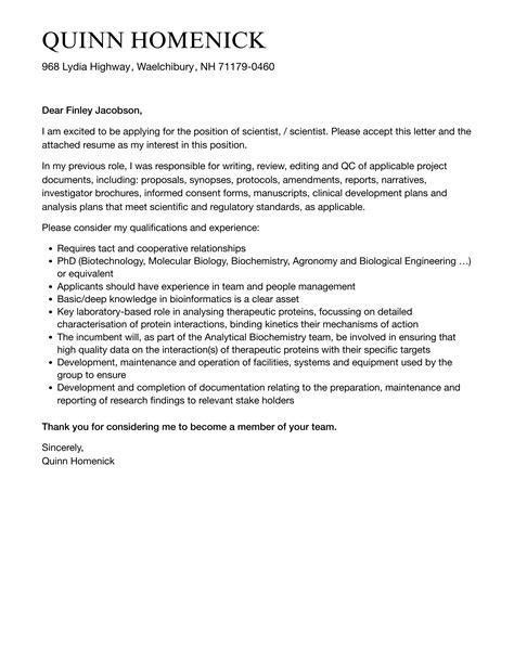 Scientist Scientist Cover Letter Velvet Jobs