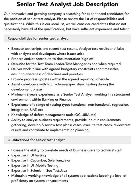 Senior Test Analyst Job Description Velvet Jobs