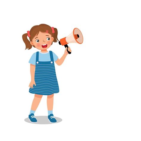 Cute Little Girl Holding Megaphone Speaking And Shouting Making