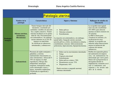 Cuadro comparativo de patologías uterinas Medicina humana Útero uDocz