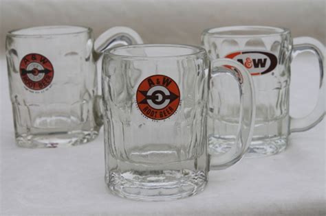 Vintage A&W root beer mugs, glass mug lot w/ different old A & W advertising logos