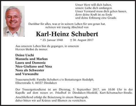 Traueranzeigen Von Karl Heinz Schubert Trauer In Nrw De