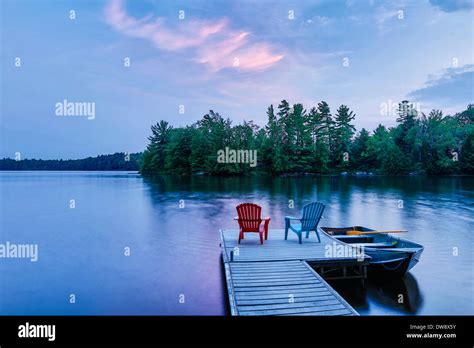 A cottage dock on Long Lake, Bala, Muskoka District, Ontario, Canada ...