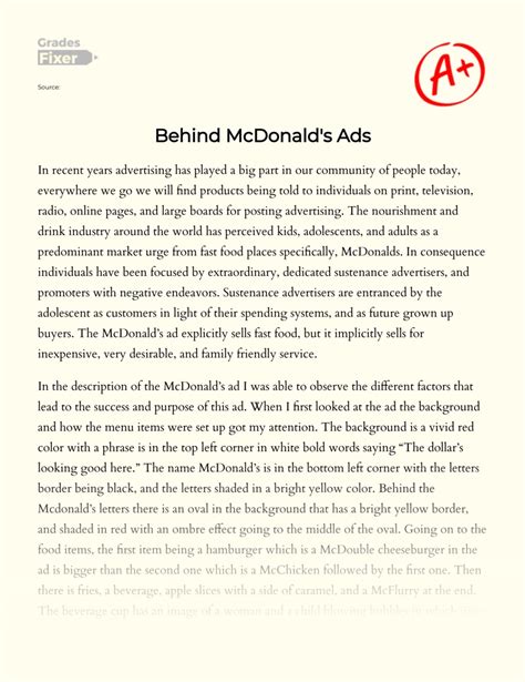 Analysis Of Mcdonald S Advertisement Success Essay Example Words