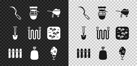 낫 양동이 수레 흙 정원 울타리 나무 전체 자루 나무 사과 삽 및 호스 아이콘으로 우물을 설정하십시오 벡터 가득 찬에 대한 스톡
