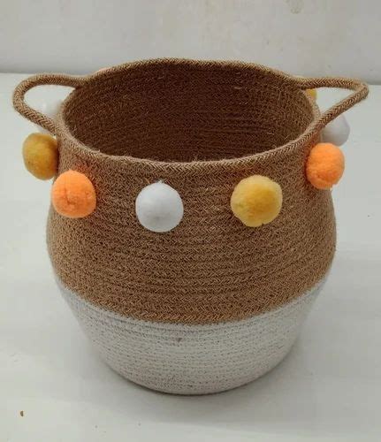 Brown And White Jute Round Handmade Braided Basket For Home Size 6