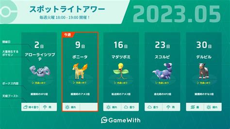 ポケモンgo攻略＠gamewith On Twitter 【本日はスポットライトアワー開催日】 開催時間：18時~19時 出現ポケモン