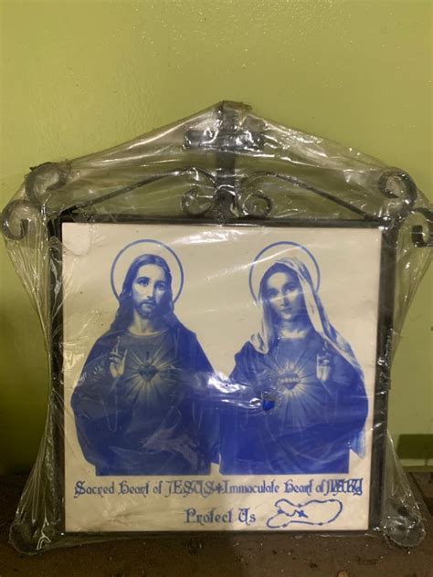 Sacred Heart Jesus Immaculate Heart Mary Blue On White Tile In Wrought