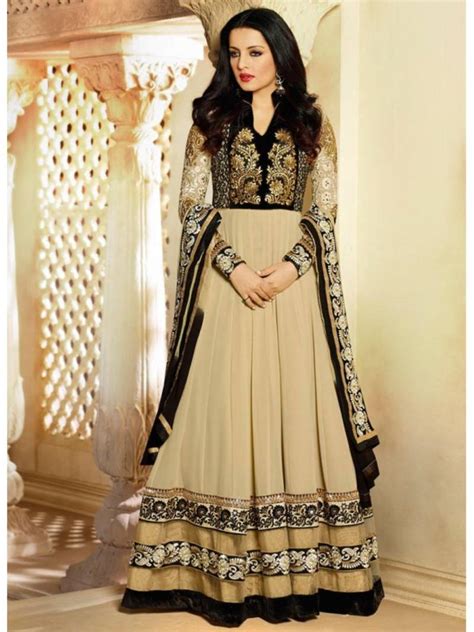 Buy Beige Embroidered Georgette Semi Stitched Salwar With Dupatta Online