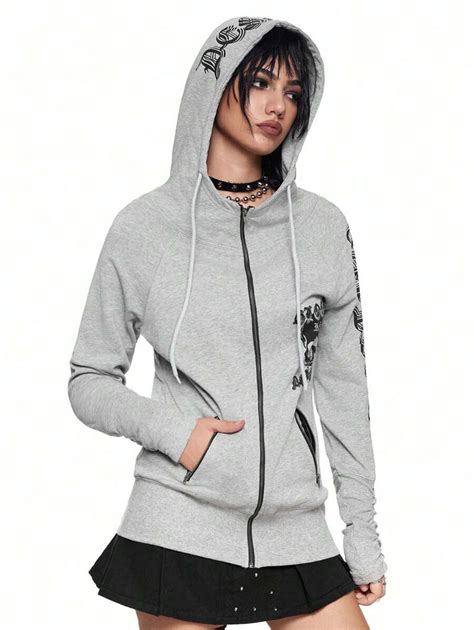 ROMWE Grunge Punk Sweatshirt zippé slim fit avec imprimé logo de crâne