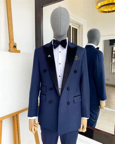 Shop Navy Blue Double Breasted Velvet Peak Lapel Tuxedo Suit Deji Kola