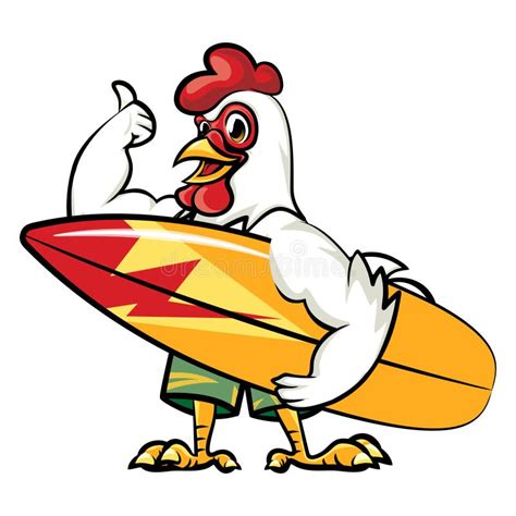 Surfer Chicken Mascot Carrying Surfboard Giving Thumbs Up Stock Vector