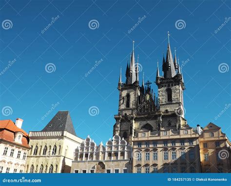 Temple Of The Virgin Mary In Prague Towers Of The Tyn Church Stock