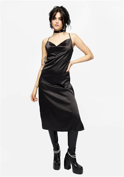 Medeina Cowl Neck Satin Midi Slip Dress Midnight Black Disturbia