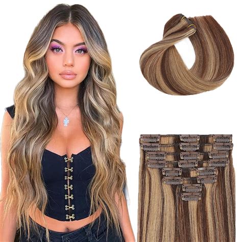 Amazon Dark Brown Blonde Clip In Hair Extensions Double Weft