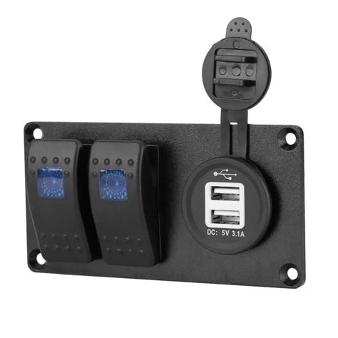 2 Gang 12 24V Blue LED Rocker Switch Panel With 3 1A Dual USB Port For