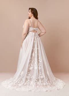 Azazie Devi Diamond White Nude A Line V Neck Lace Tulle Dress Azazie CA