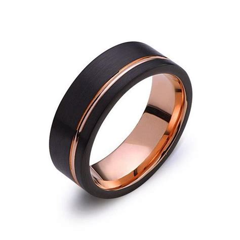 Rose Gold Tungsten Ring Black Brushed Mens Wedding Band Etsy In 2021 Gold Tungsten Wedding