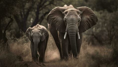 Large African Elephant Herd Walking Through Tranquil Savannah