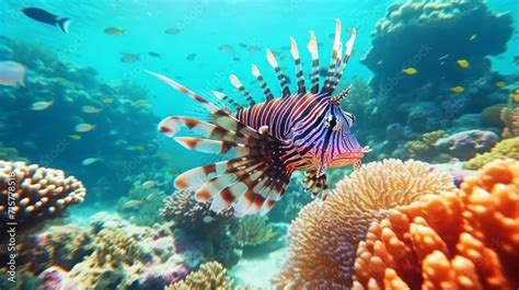 Lionfish Beautiful Lionfish Swimming In A Coral Reef Closeup Of A Big