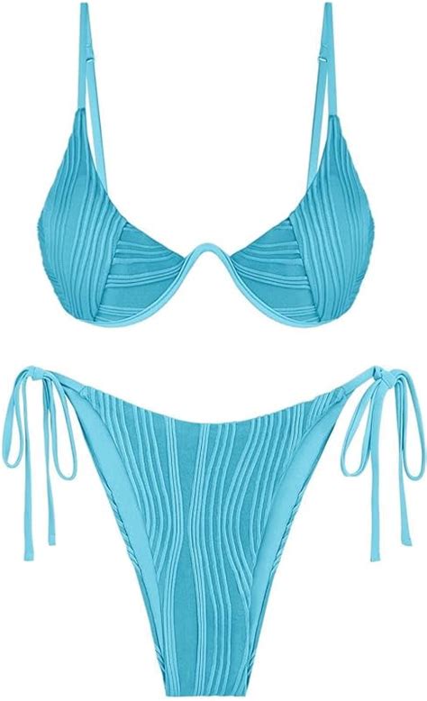 Women S Textured Underwire Bikini Set V Notch High Cut Swimwear Tie