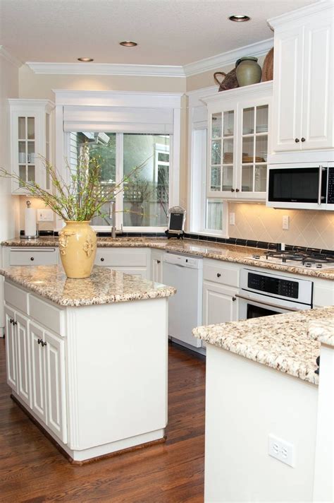 Beige Granite Countertop White Cabinet Travertine Cream Backsplash Tile