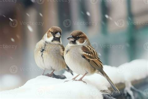 Cute little sparrows sitting on a branch in winter. Winter background ...