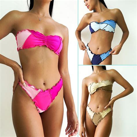 Women Sexy Solid Tube Top Bikini Set Summer Two Piece Sleeveless Backless Swimwear New Fashion