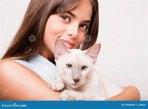 Brunette Beauty With Cat Stock Photo Image Of Pretty