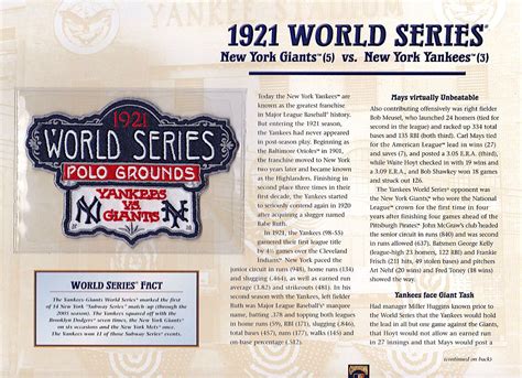 1921 WORLD SERIES PATCH CARD Willabee & Ward NEW YORK GIANTS vs NEW ...