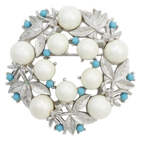 Sarah Coventry Floral Wreath Brooch Faux Pearls And Blue Beads Silver