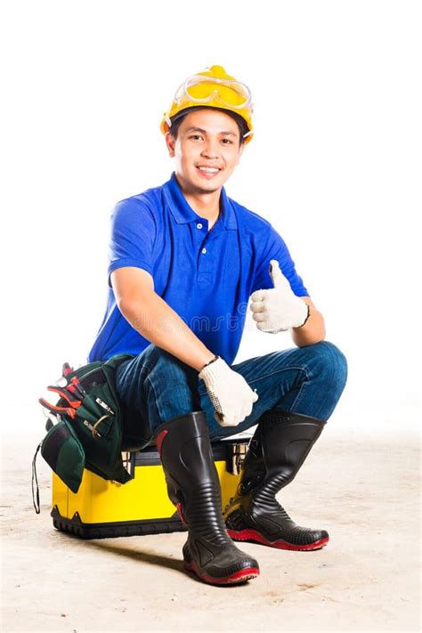 Asian Construction Worker With Tools Stock Photo Image Of Protection