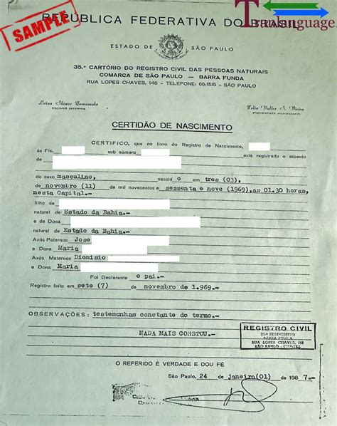 Birth Certificate Brazil V Tranlanguage Certified Translations