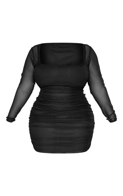 Plus Black Mesh Square Neck Ruched Bodycon Dress Plus Size Prettylittlething Usa