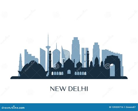 New Delhi Skyline, Monochrome Silhouette. Stock Vector - Illustration ...