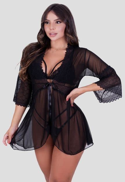 Kit Robe E Camisola De Tule Renda Lingerie Preto Compre Agora