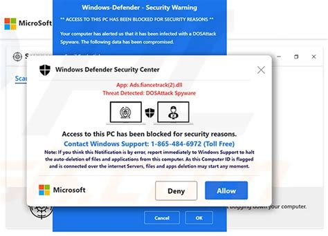 Windows Defender Security Center Scam Threat Popup Message